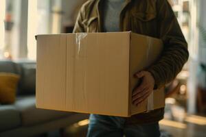 ai généré la personne déballage papier carton des boites dans Nouveau appartement, en mouvement concept photo