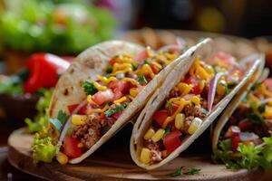 ai généré mexicain tacos avec Viande et Frais des légumes photo