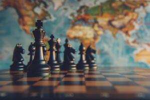 ai généré échecs pièces positionné sur monde carte, global tactique et géopolitique photo