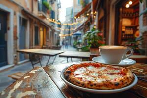 ai généré tasse de café et tranche de Pizza dans Extérieur café sur rue dans vieux ville photo