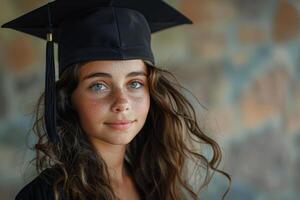 ai généré femelle diplômé fête l'obtention du diplôme journée à Université photo