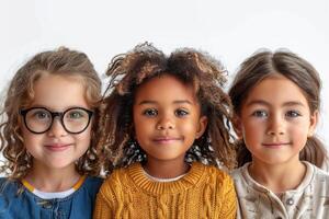 ai généré groupe de diverse content les enfants sur blanc Contexte photo