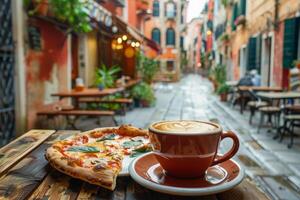 ai généré tasse de café et tranche de Pizza dans Extérieur café sur rue dans vieux ville photo