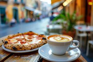 ai généré tasse de café et tranche de Pizza dans Extérieur café sur rue dans vieux ville photo