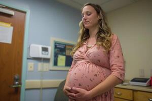 ai généré femme enceinte mère attendre pour prénatal vérification dans clinique attendre pièce photo