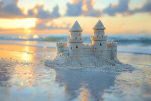 ai généré le sable Château sur ensoleillé plage photo