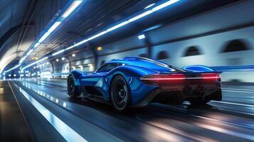 ai généré bleu sport voiture dans mouvement dans tunnel, retour vue photo