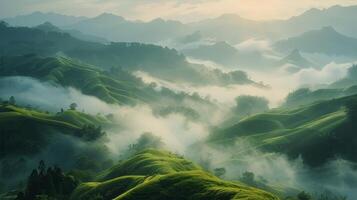 ai généré le coucher du soleil La peinture plus de vert vallée photo