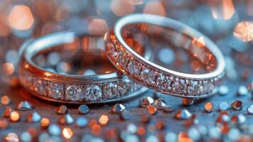 ai généré deux diamant mariage anneaux sur table photo