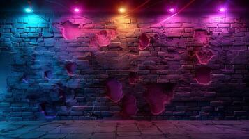 ai généré brique mur avec Trois coloré lumières photo