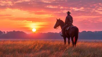 ai généré homme équitation cheval dans champ à le coucher du soleil photo