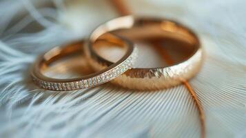 ai généré mariage anneaux repos sur plume photo