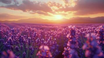 ai généré violet fleurs dans champ en dessous de nuageux ciel photo