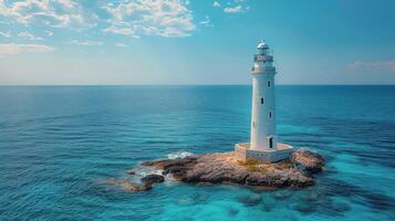 ai généré blanc phare sur Roche dans océan photo