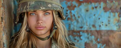 ai généré femelle soldat dans militaire uniforme à la recherche à caméra photo