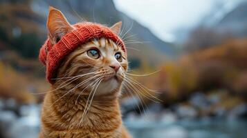 ai généré chat portant rouge tricoté chapeau à la recherche en haut photo