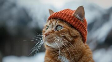 ai généré chat portant rouge tricoté chapeau à la recherche en haut photo