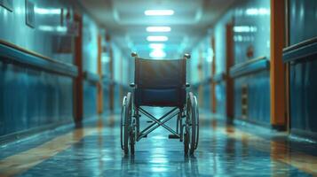 ai généré fauteuil roulant dans hôpital couloir photo