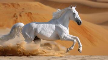 ai généré blanc cheval fonctionnement dans désert poussière photo