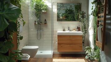 ai généré moderne salle de bains avec baignoire, toilettes, couler, et les plantes photo