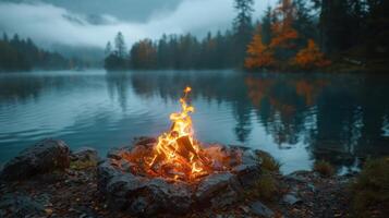 ai généré feu de camp brûlant sur Lac rive photo