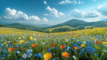 ai généré champ de coloré fleurs en dessous de bleu ciel photo