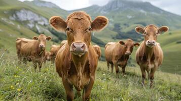 ai généré marron vaches permanent sur luxuriant vert flanc de coteau photo