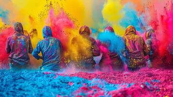 ai généré groupe de gens couvert dans coloré poudre photo