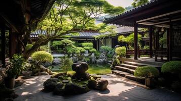 ai généré une Zen temple Cour entouré par luxuriant verdure. génératif ai photo