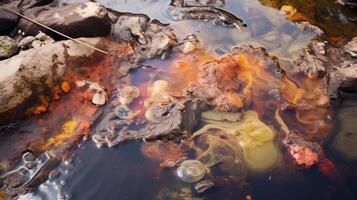 ai généré une fermer de pollué sédiment à le bas de une contaminé voie navigable. génératif ai photo