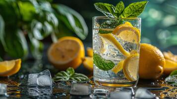 ai généré rafraîchissant verre de l'eau avec citrons et menthe photo