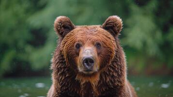 ai généré grand marron ours permanent dans forêt photo