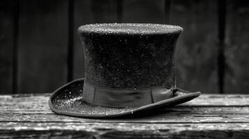 ai généré noir Haut chapeau sur en bois table photo