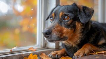 ai généré chien à la recherche en dehors fenêtre photo