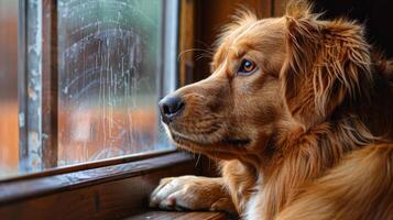 ai généré chien à la recherche en dehors fenêtre photo