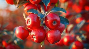 ai généré rouge pommes pendaison de arbre photo