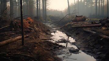 ai généré pollué forêt avec des arbres mourant de chimique exposition. génératif ai photo