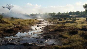 ai généré pollué paysage avec endommagé végétation. génératif ai photo