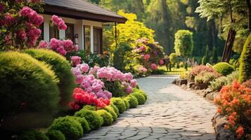 ai généré une tranquille jardin Pension avec épanouissement fleurs et serein voies. génératif ai photo