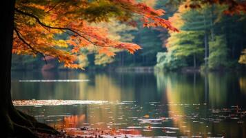 ai généré l'automne feuillage reflétant dans une tranquille étang. génératif ai photo