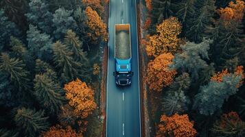 ai généré un camion conduite par forêt sur route photo