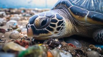 ai généré mer tortue avec Plastique déchets coincé sur ses coquille. génératif ai photo