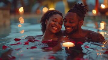 ai généré couple relaxant dans chaud baignoire avec bougies photo