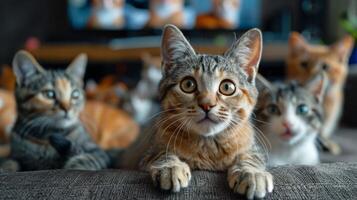 ai généré Orange chat en train de regarder la télé sur canapé photo