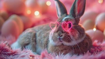 ai généré lapin portant cœur en forme de des lunettes parmi rose plumes photo