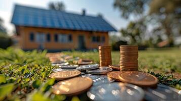 ai généré empiler de pièces de monnaie sur herbe champ photo