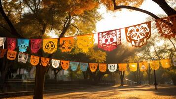 ai généré journée de le mort papel picado bannières ajouter une joyeux atmosphère. génératif ai photo