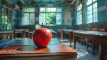 ai généré rouge Pomme sur en bois table photo