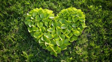 ai généré feuilles formant une cœur forme sur herbe. génératif ai photo