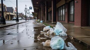 ai généré jonché trottoirs avec Plastique Sacs. génératif ai photo